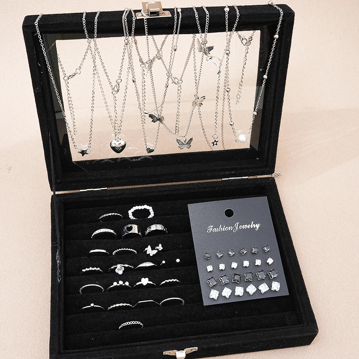 51-Piece Silver Jewelry Collection – Butterflies, Hearts & Pearls