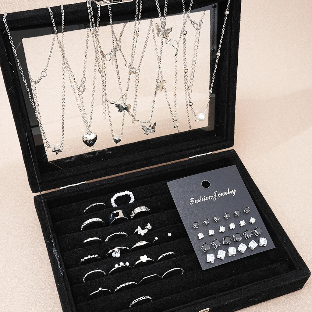 51-Piece Silver Jewelry Collection – Butterflies, Hearts & Pearls