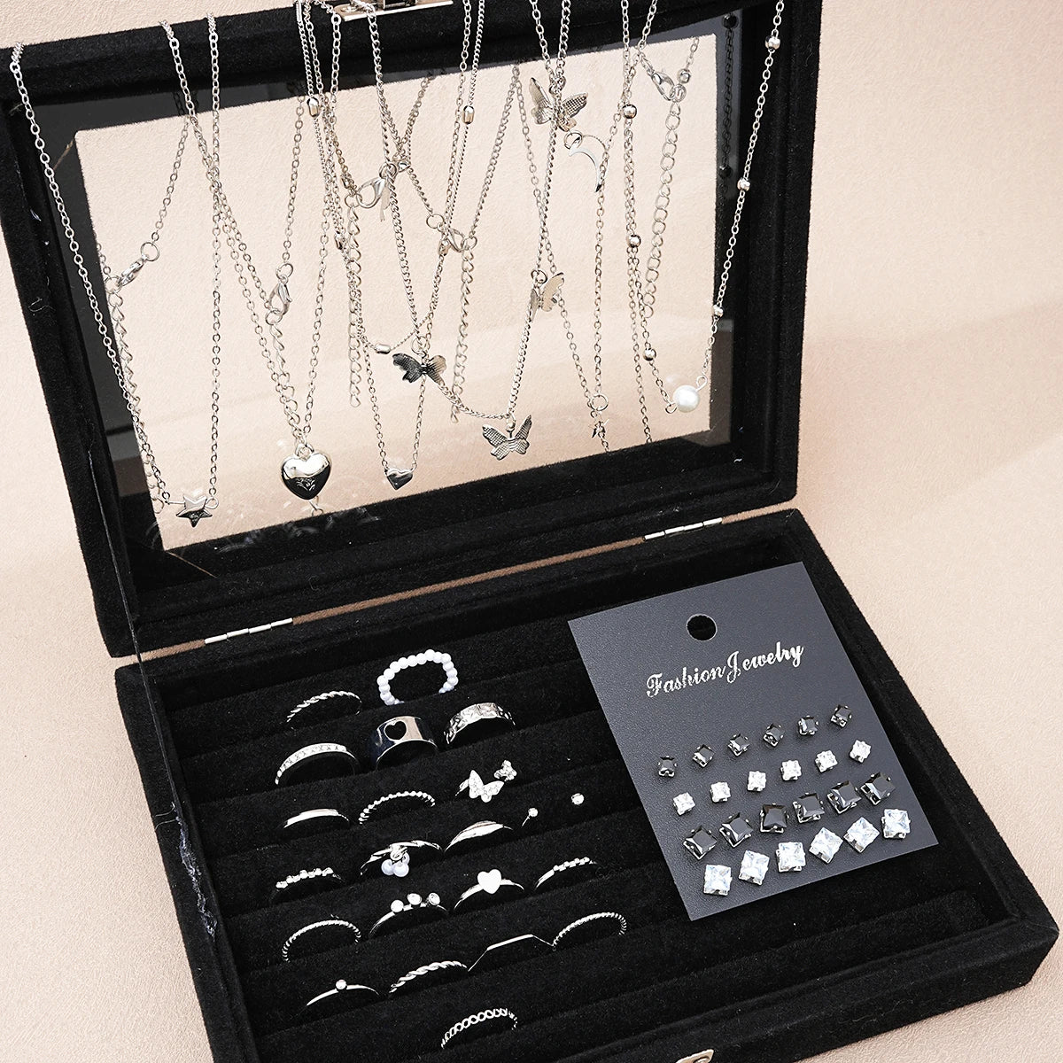 51-Piece Silver Jewelry Collection – Butterflies, Hearts & Pearls