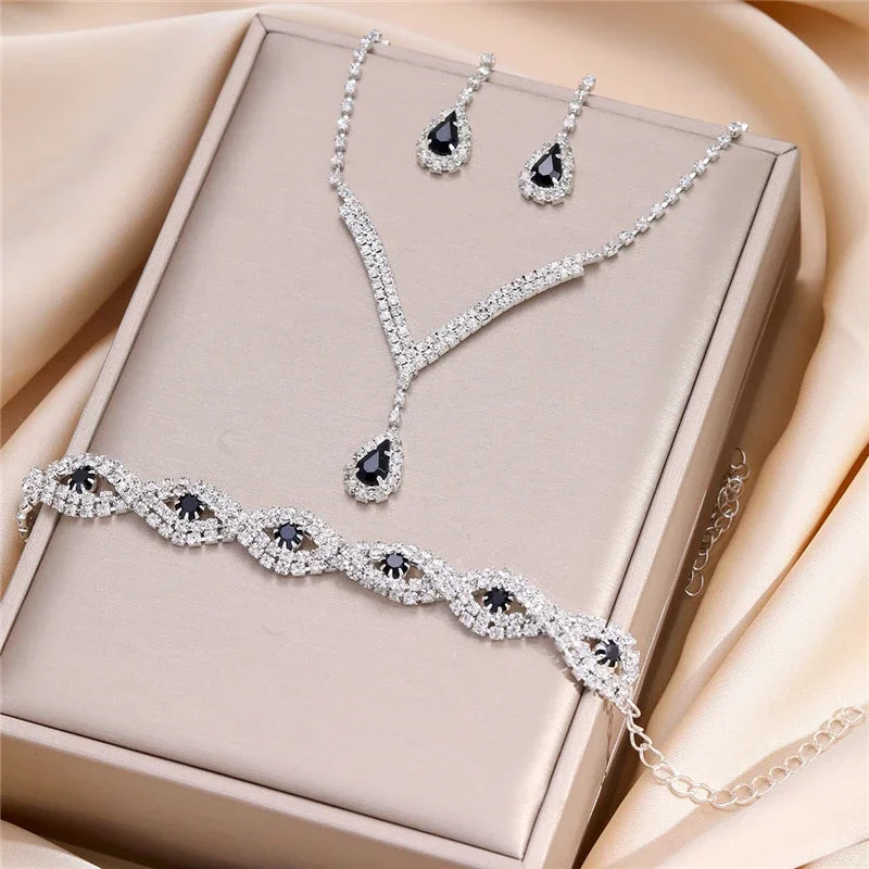 3-Piece Luxury Rhinestone Bridal Jewelry Set – Black Water Drop Crystal